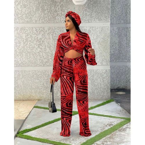 Autumn Printed Wrapped Chest High Waist Pants Two-Piece Set
