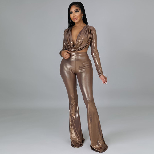 Autumn and winter plus size women's long-sleeved leather jacket, deep V-neck sexy imitation leather trousers two-piece suit S-5XL