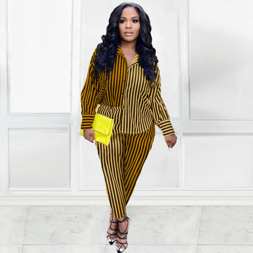 Cute striped stitching shirt two-piece suit