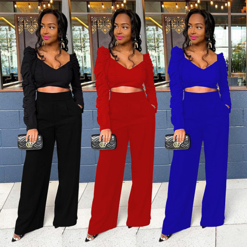 Fashion casual sexy solid color pockets pleated open waist loose top trousers two-piece suit