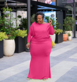 Plus size women's casual solid color long-sleeved round neck dress