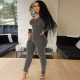 Plus size women's long-sleeved knitted sexy low-cut rope tights jumpsuit S-5XL