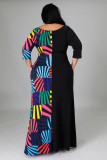 Plus size women's printed two-tone dress