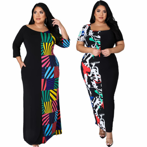 Plus size women's printed two-tone dress