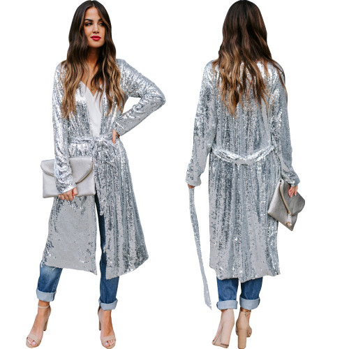 Fashion casual silver sequined long coat (including belt)