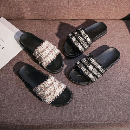 Fashion flip flop women's Pearl Sequin woven versatile sandal for external wear Plus size shoes