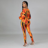 Autumn and winter plus size women's casual long-sleeved off-the-shoulder color digital printing trousers two-piece suit S-5XL