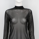 Stretch tight see-through sexy mesh bottoming shirt Transparent long-sleeved T-shirt
