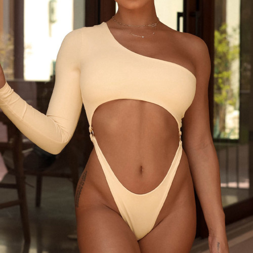 Solid color one-shoulder sexy nude navel one-piece swimsuit bikini