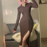 Lapel small-breasted split long-sleeved dress