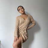 Drawstring knitted dress autumn and winter