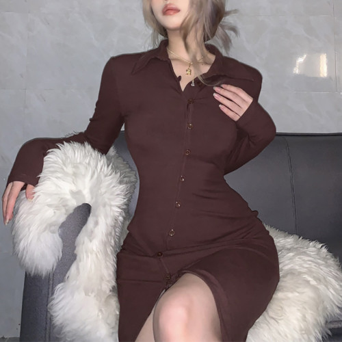 Lapel small-breasted split long-sleeved dress