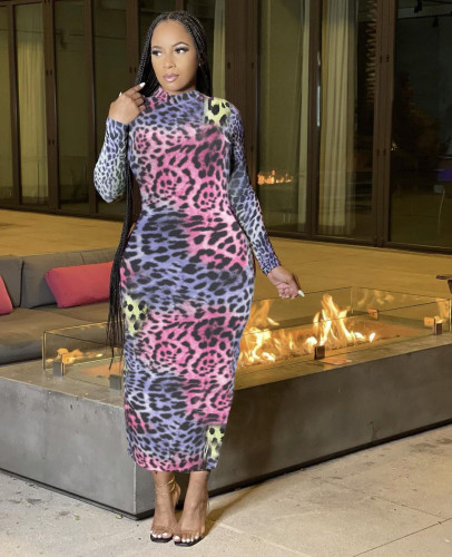 2021 autumn leopard print colorful sexy nightclub dress