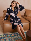 Nightdress Comfortable Lapel Long Sleeve Middle Skirt One-piece Home Pajamas