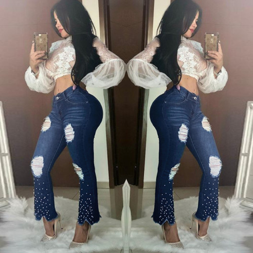 Fashion all-match wide leg ripped pearl decorated micro flared pants jeans