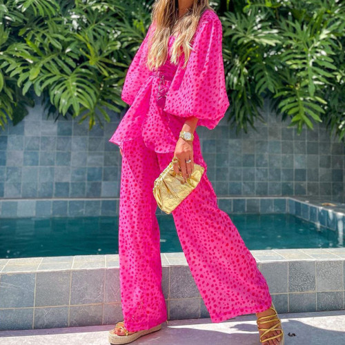 2021 autumn new printed casual top wide leg pants two piece suit