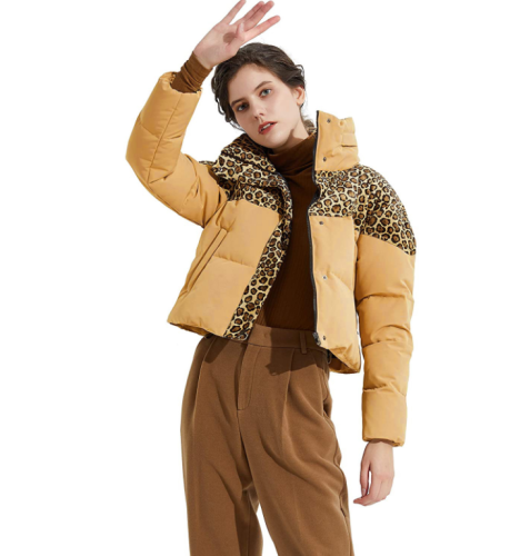 Leopard print stitching long-sleeved pocket zipper cotton clothes