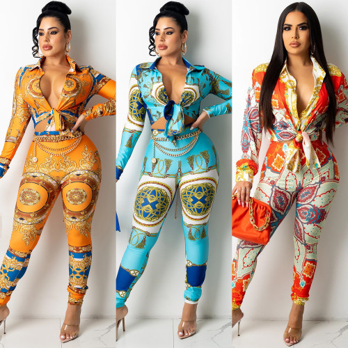 Digital print V-neck tie, long-sleeved trousers, two-piece suit