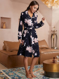 Nightdress Comfortable Lapel Long Sleeve Middle Skirt One-piece Home Pajamas