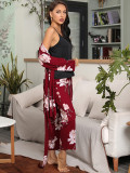 Three-piece pajamas with floral coat and trousers solid color suspenders