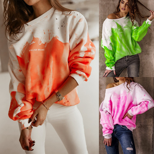 2021 printed tie dyed long sleeve round neck T-shirt sweater