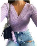 Solid color long-sleeved V-neck tie, knit sweater, bottoming shirt apparel