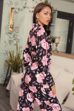 Floral pattern cardigan lapel long-sleeved top and trousers pajamas