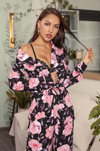 Floral pattern cardigan lapel long-sleeved top and trousers pajamas