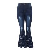 Fashion all-match wide leg ripped pearl decorated micro flared pants jeans