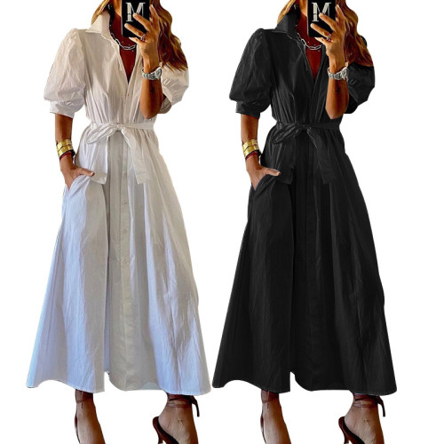 2021 autumn new solid color fashion medium length shirt skirt dress