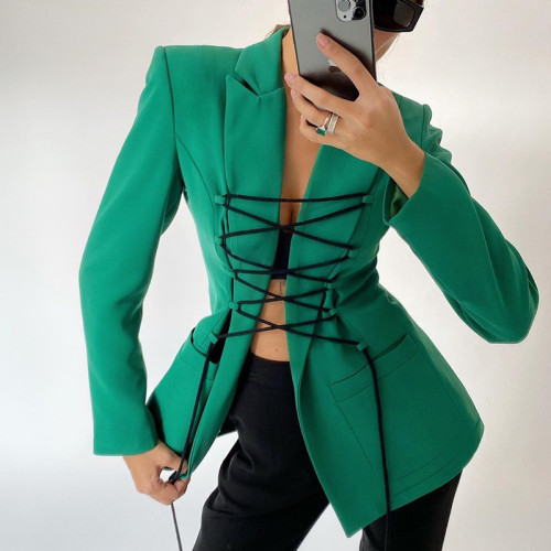 Ins style 2021 autumn new women's wear long sleeve bandage medium long casual fashion temperament small suit