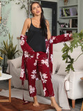 Three-piece pajamas with floral coat and trousers solid color suspenders