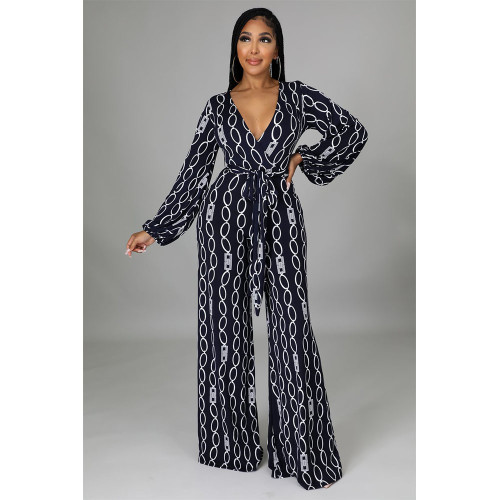 Printed sexy V-neck strap wide-leg jumpsuit