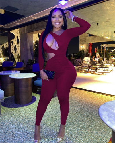 Sexy solid color exposed waist jumpsuit autumn