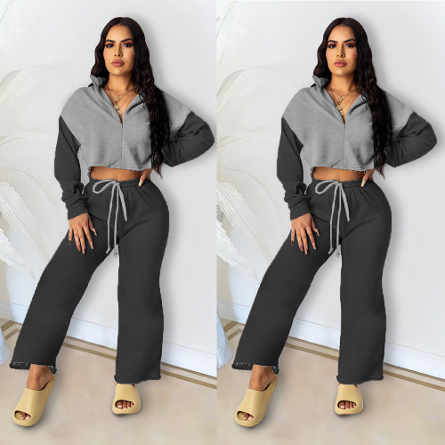 Two-piece long-sleeved zipper baggy pants contrast color