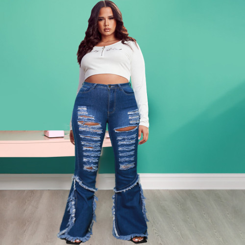 Flared, ripped holes, fringed women's plus size jeans