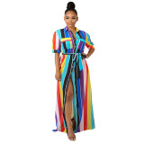 Casual color stripe print long shirt dress