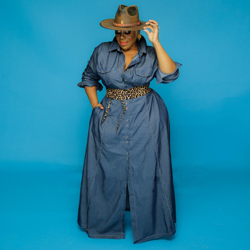 Plus size women's denim dress with long sleeves
