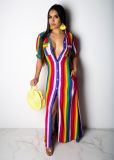 Casual color stripe print long shirt dress