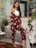 Autumn and winter comfortable robe suspender trousers home pajamas set three-piece