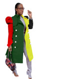 Autumn and winter fashion suit collar color matching mid-length puff sleeve trench coat