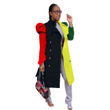 Autumn and winter fashion suit collar color matching mid-length puff sleeve trench coat