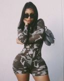 Camouflage print sexy skinny sports long-sleeved shorts jumpsuit