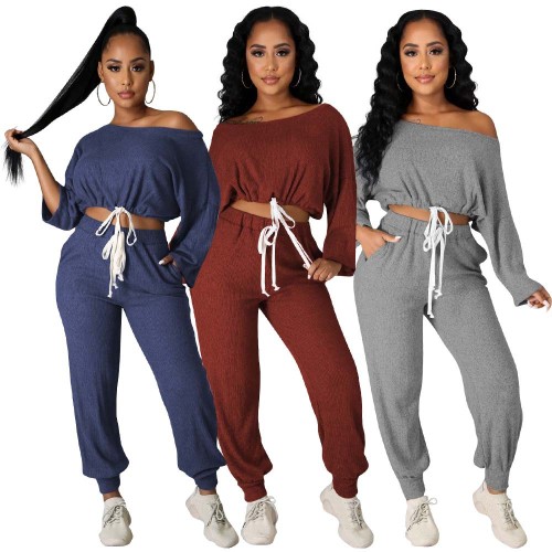 Solid color bowknot casual pants bat sleeve loose top two-piece suit