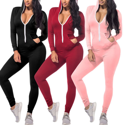2021 autumn sexy fashion solid color hooded slim fit women's Jumpsuit