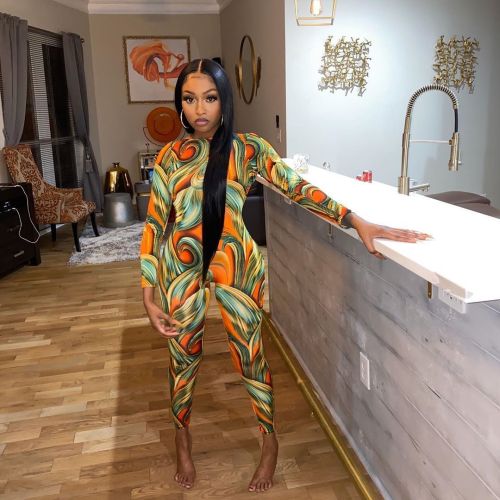 Abstract print open back long-sleeved jumpsuit