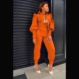 Two-piece suit of solid color puff sleeve zipper high waist pants