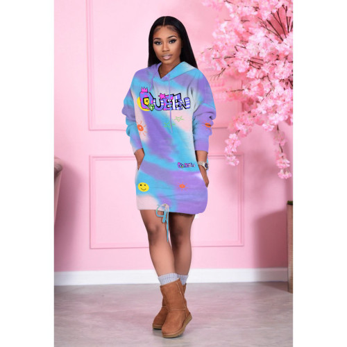 Autumn / winter 2021 new casual fashion printed Hooded Dress