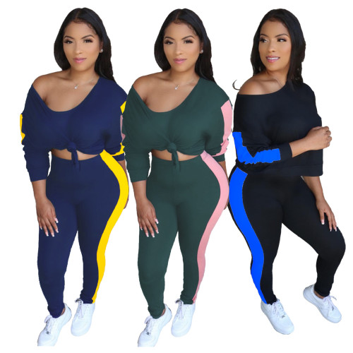 2021 autumn winter solid color splicing fashion sports leisure reflective strip set