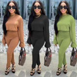 2021 autumn solid color pit bar round neck long sleeve fashion sexy two-piece set